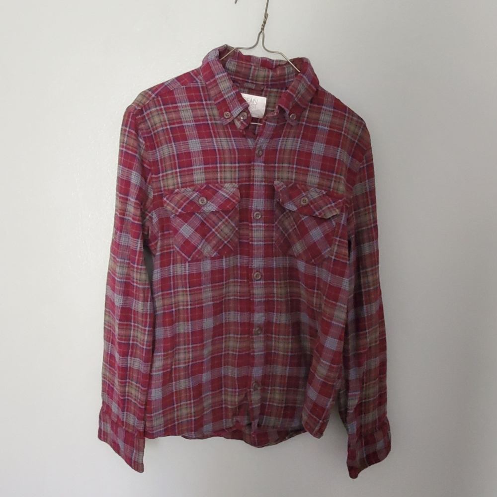 Ocean + Coast Boys Long Sleeve Plaid Flannel Burgundy Blue Green Size Med